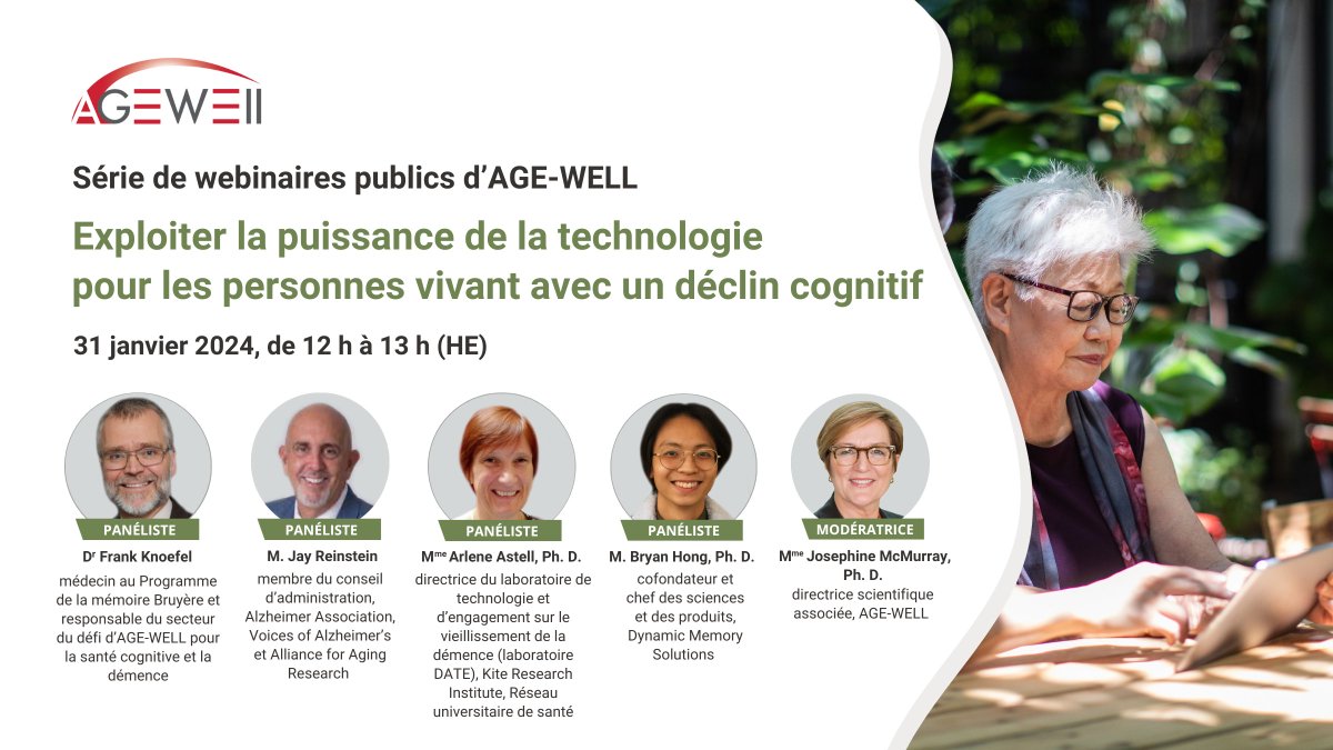 📅Notre webinaire « Exploiter le pouvoir de la technologie pour les personnes vivant avec un déclin cognitif » aura lieu le 31 janvier! Participez à cette importante table ronde sur les innovations qui favorisent la santé cognitive de façon proactive : us02web.zoom.us/webinar/regist…