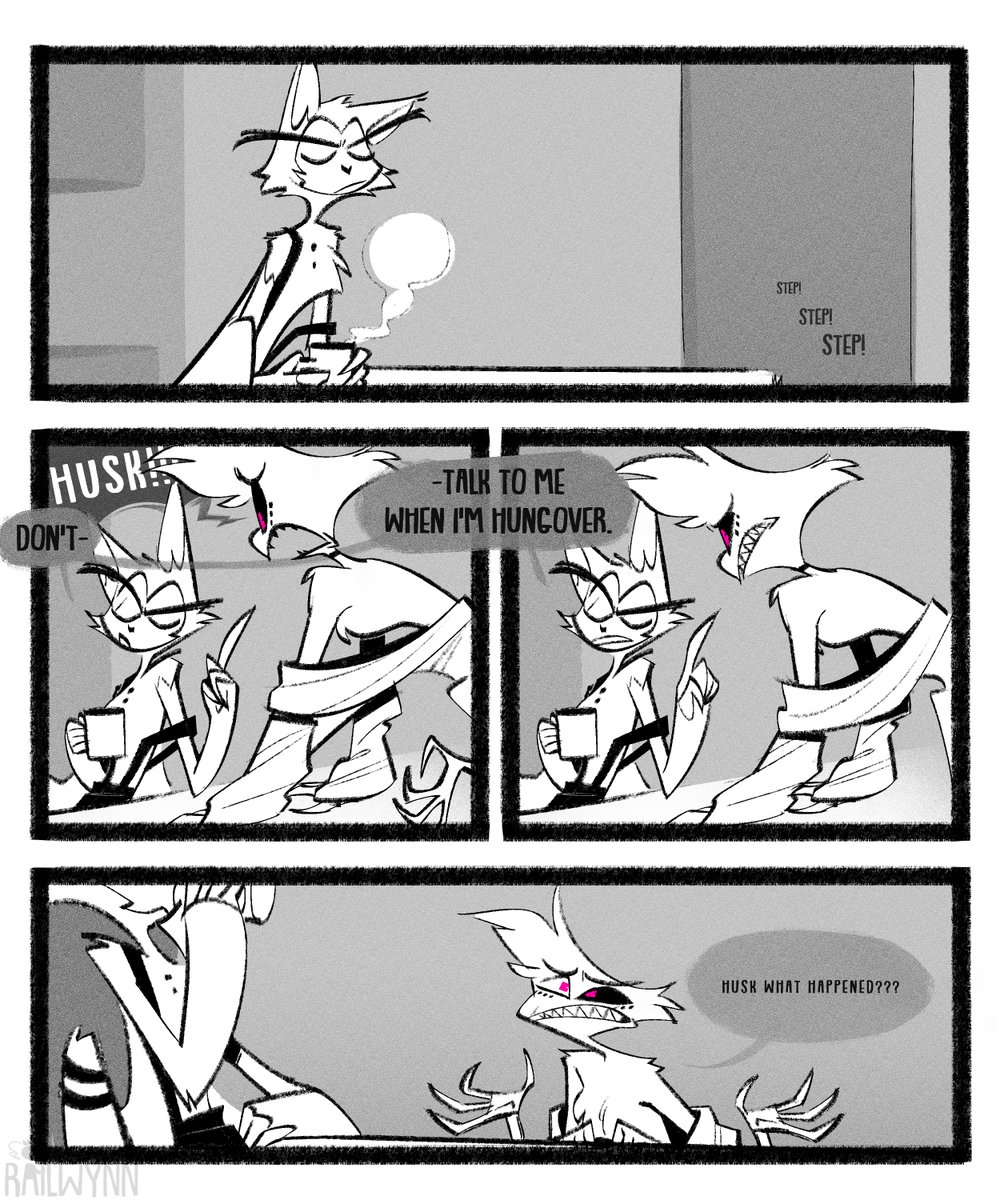 Rise and Shine! ☀️ 

(3/4)  

#HazbinHotel #HazbinHotelFanart #HazbinHotelHusk #HazbinhotelAngelDust #huskerdust