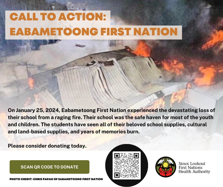 Yesterday, Eabametoong FN experienced the devastating loss of their school from a fire. Their school was the safe haven for most of the youth and children. The students have seen all of their beloved school supplies, cultural and land-based supplies, and years of memories burn.