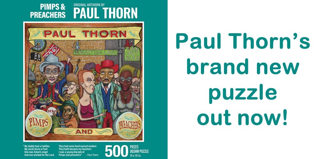 This puzzle features Paul Thorn's popular 'Pimps & Preachers' album cover art created by the man himself. The completed 500 piece puzzle measures 19 x 19 inches, suitable for framing. Get yours now! -- buff.ly/3UgL4jQ