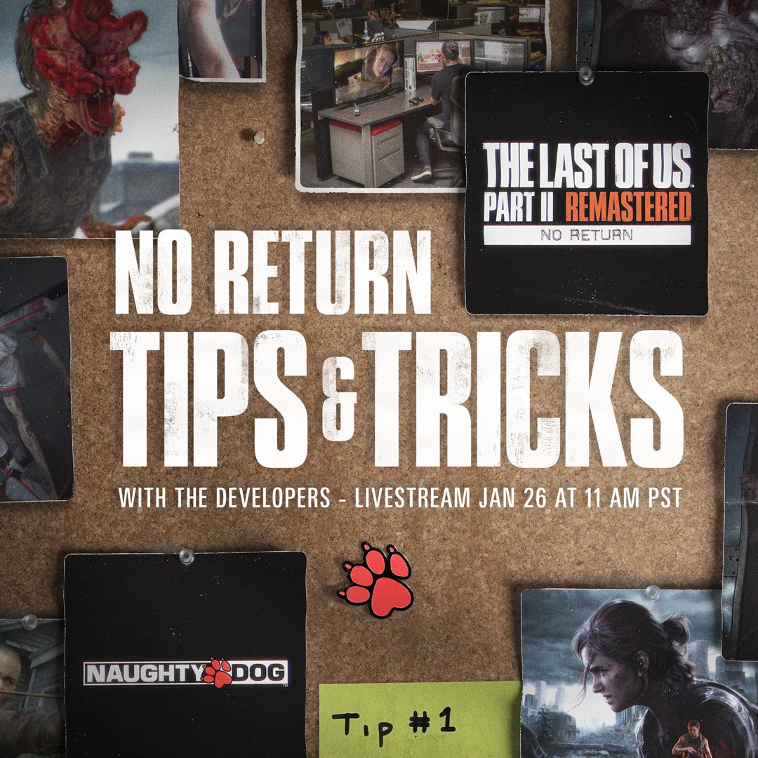 Our special #TLOU2Remastered livestream featuring No Return tips and tricks straight from the developers starts in just fifteen minutes, at 11am PT! Watch along on Twitch: bit.ly/48M7yNX