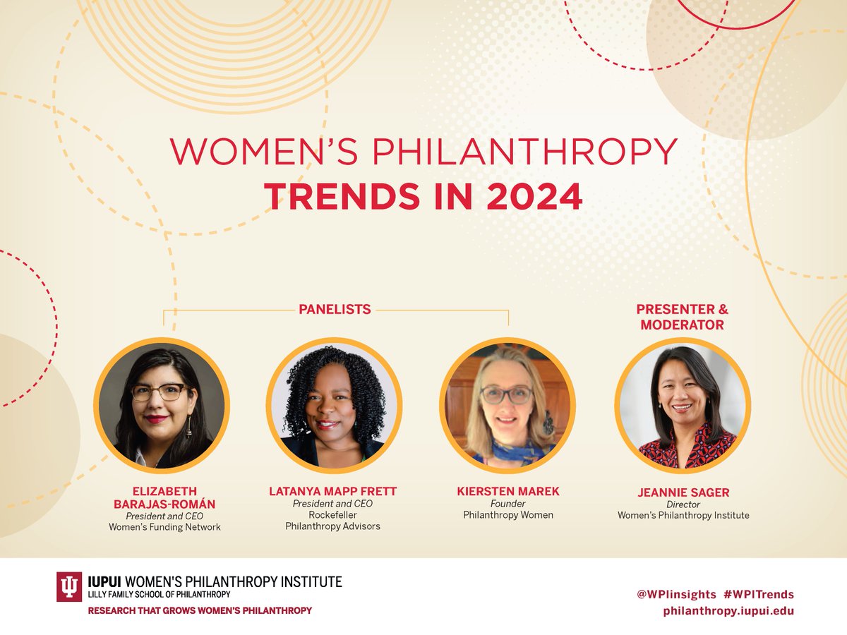EVENT ALERT: Tuesday Jan 30 at 12 noon ET - WPI presents Women's Philanthropy Trends in 2024, with Elizabeth Barajas-Roman of @womensfunding, @LatanyaFrett of @RockPhilanth, Kiersten Marek of @philanthrowomen, and our own @jeannie_sager! Register: bit.ly/4b8Qnrv