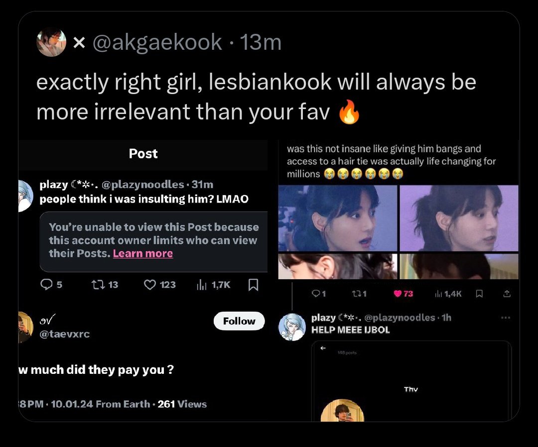 meikthvs's tweet photo. Seems like jjks lost their hope in jk's vgly face so they are comparing his body with tae 

powerful manly aura? I thought he was a lesbian ? https://t.co/dlqhrElUKK