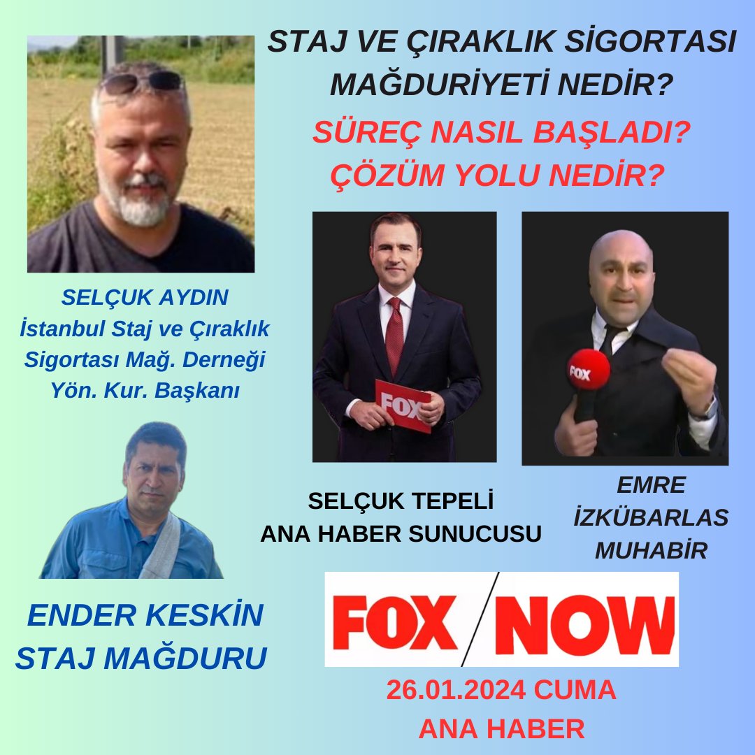ErhanYayla17's tweet photo. FOX TV ekibine çok teşekkür ediyoruz
Sesimize ses olduğu için
#StajSGKBaşlangıcıSayılsın
#StajyerÇırakBirlikteBaşaracağız
@FOXhaber
#serkanulu36
#onuronal
#StajyerÇırakSözünüzeGüvendi https://t.co/WFAcc5wjn5