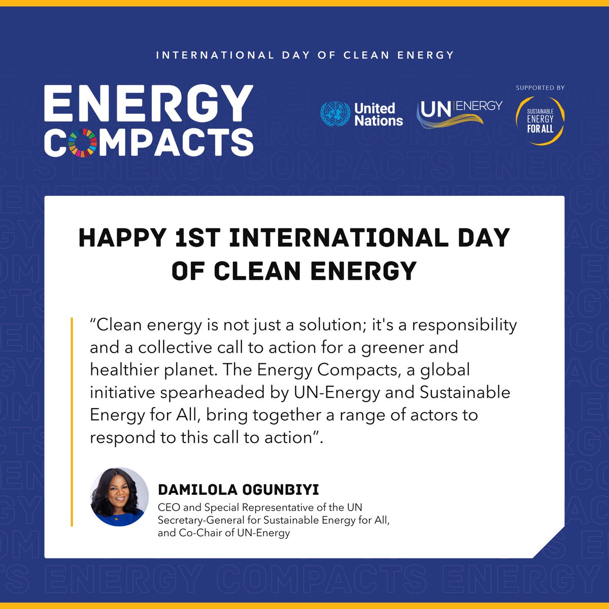 This #WorldCleanEnergyDay, @DamilolaSDG7 highlights that #EnergyCompacts are paving the way to a cleaner future, promoting sustainable practices and innovation. Let’s celebrate the power of global cooperation! 🌍 Find out more: un.org/en/energycompa…