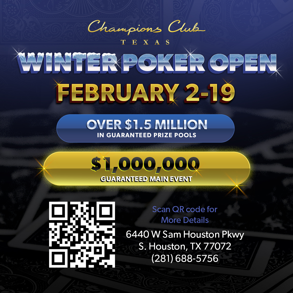 ChampionsClubTX's tweet image. ONE WEEK until the start of our Winter Poker Open series. Starting next Friday, February 2nd - Monday, February 19th at @ChampionsClubTX!

HIGHLIGHTED EVENTS
- $50K GTD Monster Stack Opener 
- $150K GTD PLO Championship 
- $300K BTD Mystery Bounty including $10K added Houston…