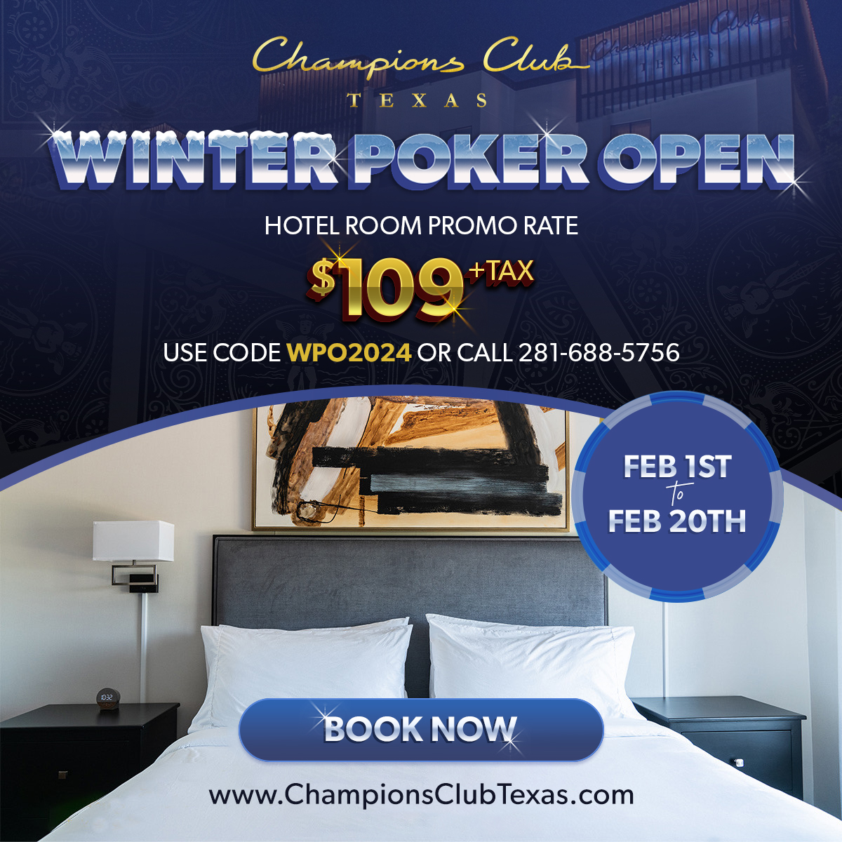 ChampionsClubTX's tweet image. ONE WEEK until the start of our Winter Poker Open series. Starting next Friday, February 2nd - Monday, February 19th at @ChampionsClubTX!

HIGHLIGHTED EVENTS
- $50K GTD Monster Stack Opener 
- $150K GTD PLO Championship 
- $300K BTD Mystery Bounty including $10K added Houston…