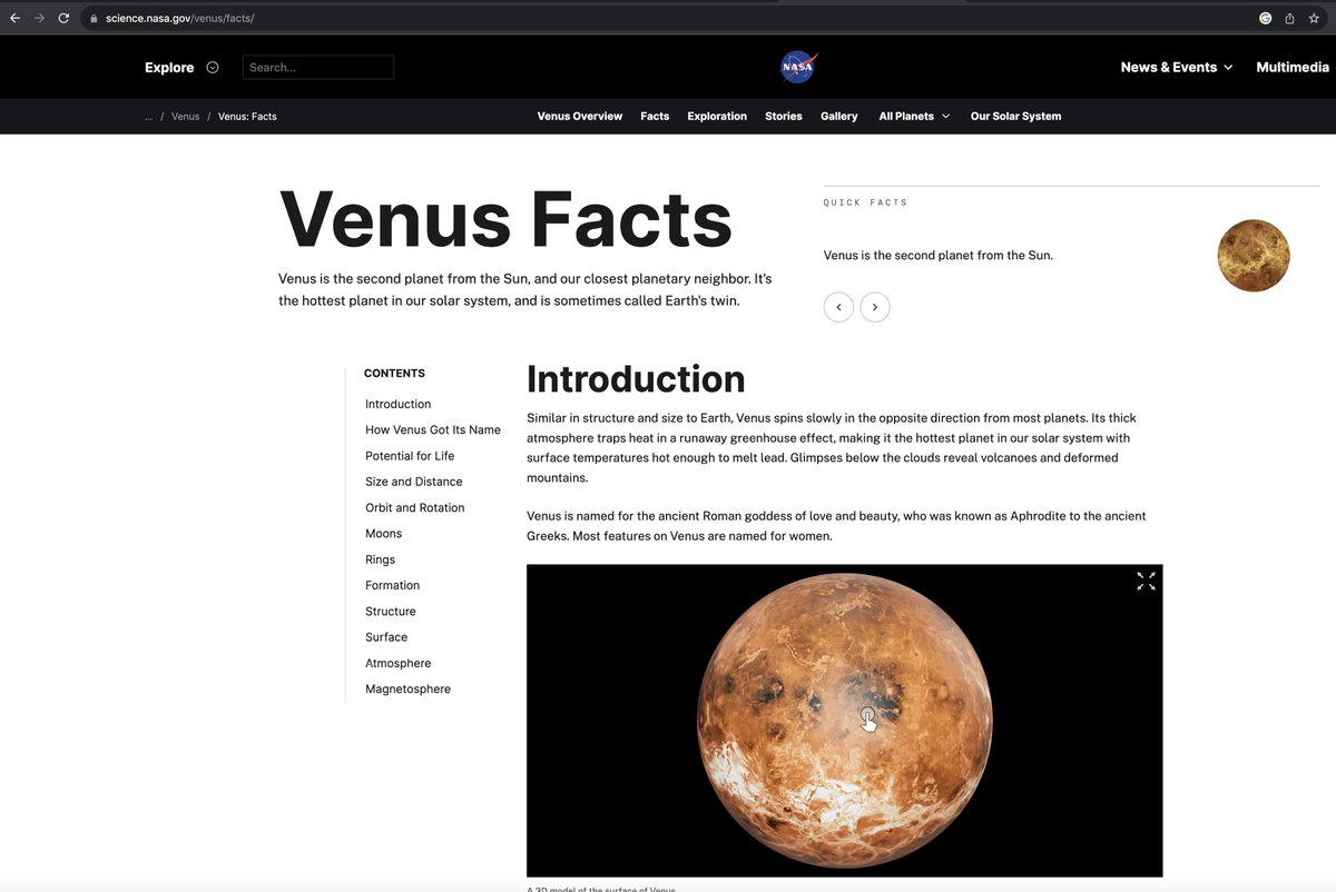 NASA website labeled Venus facts with an image of venus and different categories of info about it, for example Introduction, Orbit and Rotation, Potential for Life, Moons, Rings, etc.