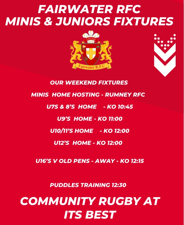Our minis&juniors welcome To Ashcroft @RumneyRFC_MJ & our u16’s travel to their hosts @OldPensMinis. Good luck to all players taking part, enjoy your games and we look forward to your updates. 🔴⚪️⚫️🏉