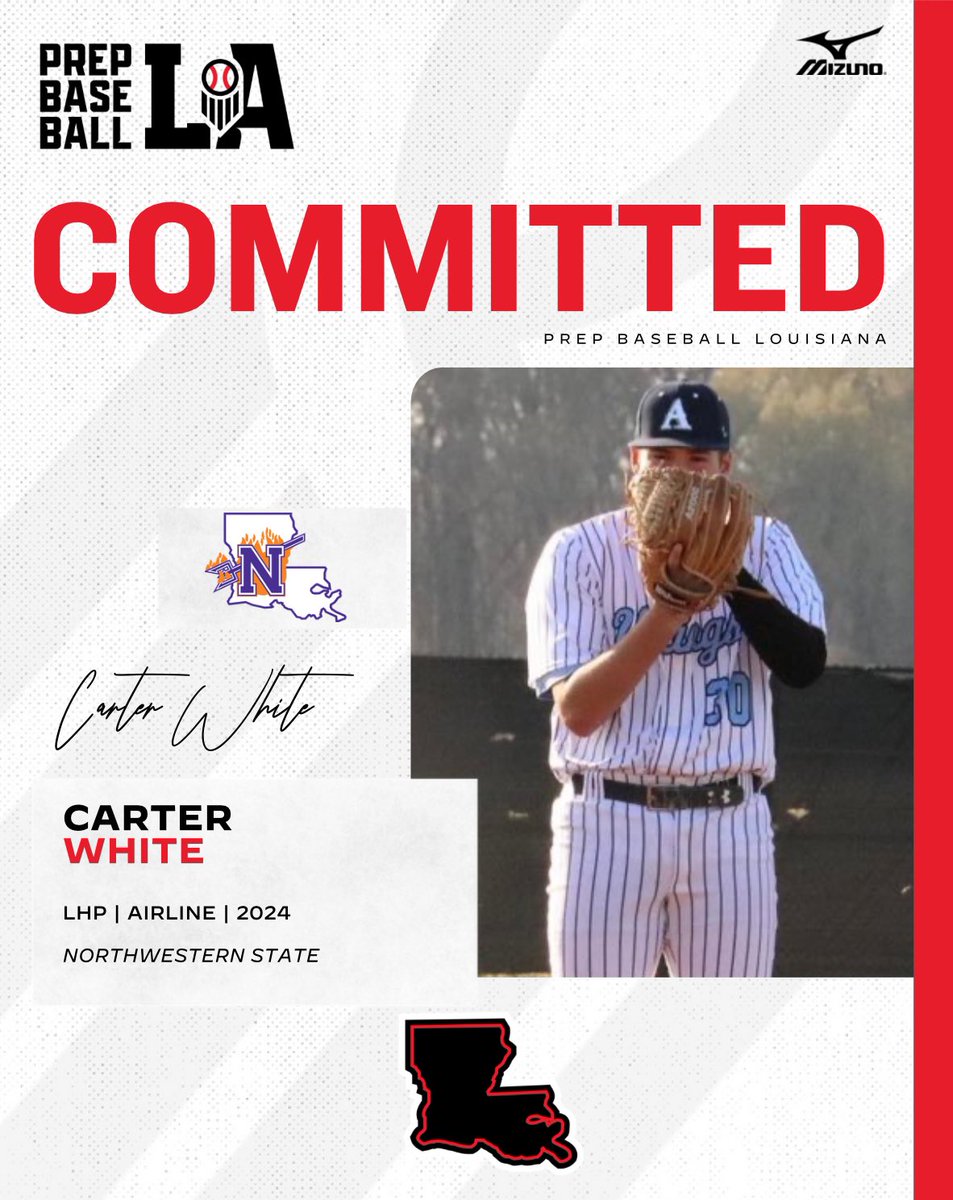 Congratulations to 2024 LHP Carter White (Airline HS) on his commitment to Northwestern State University.  #BeSeen

<a href="/prepbaseball/">Prep Baseball</a> | <a href="/AlexArmandPBR/">Alex Armand</a> 

👤 loom.ly/HNxBx3k