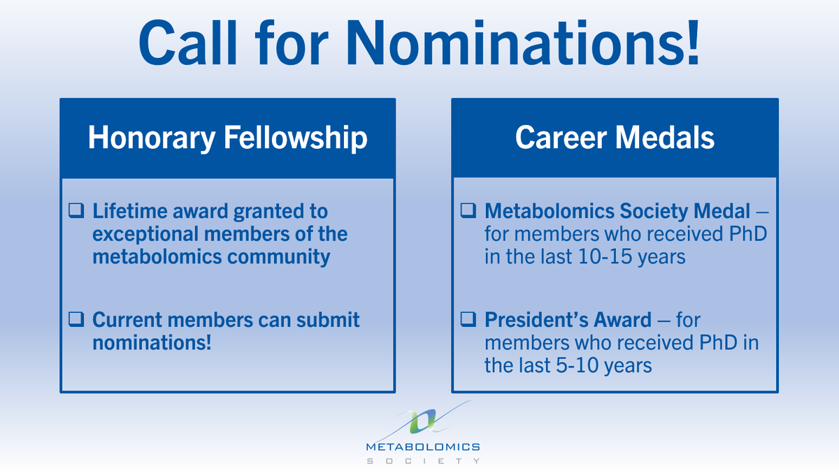 Help us recognize outstanding achievement in the #metabolomics community! Calling for nominations for Honorary Fellows and Career Medals. Visit the web for requirements. Deadline: February 29 Honorary Fellows: metabolomicssociety.org/awards/honorar… Career Medals: metabolomicssociety.org/awards/career-…