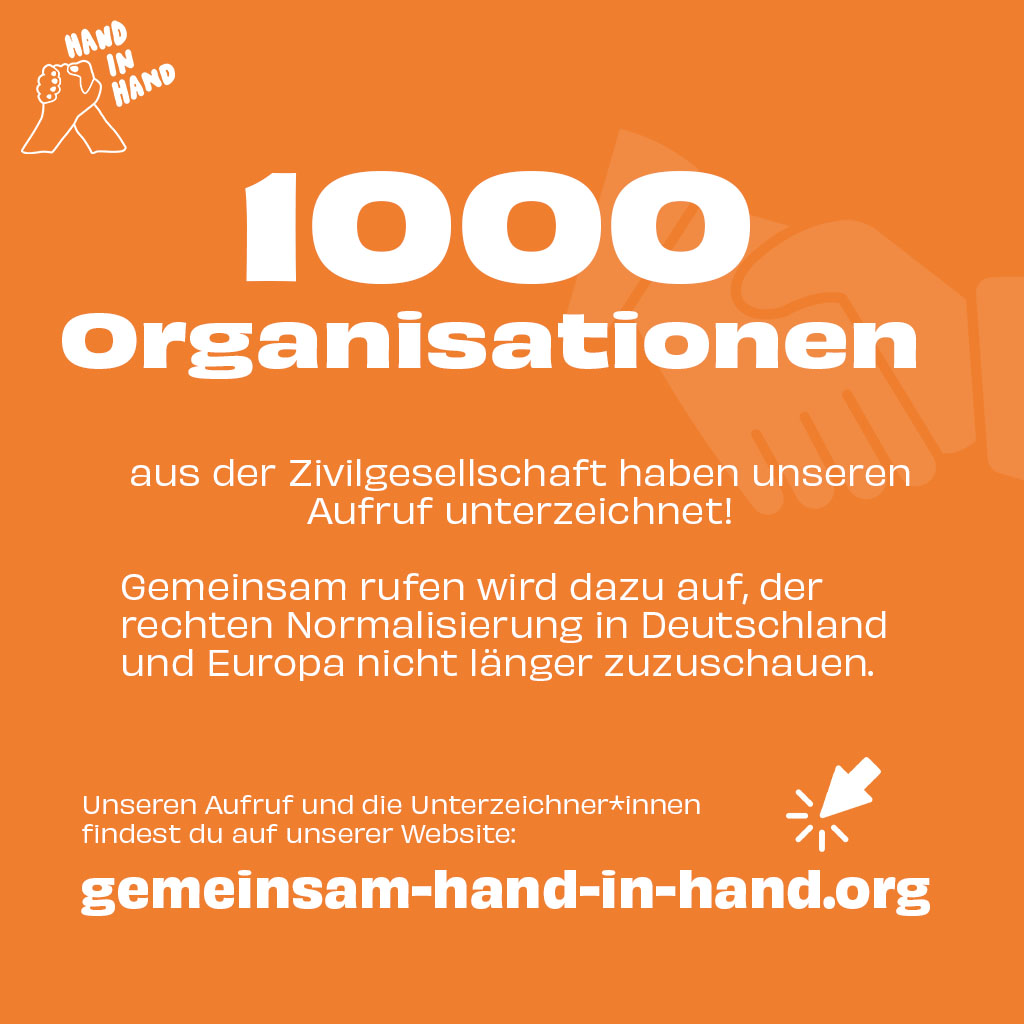 Stark gegen Rechts! Mittlerweile formen 1000 Orgas der Zivilgesellschaft eine Allianz für Solidarität &amp; Respekt, gegen Hass &amp; Hetze.

Gegen Rassismus, für Menschenrechte!

Am 3.2. setzen wir in Berlin gemeinsam ein Zeichen. 

Denn: #WirSindDieBrandmauer
