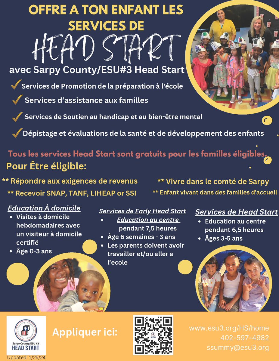 Sarpy County/ESU #3 Head Start is now taking applications for the 2024-2025 school year! Families must reside in Sarpy County and meet income qualifications. Please apply at: esu3.org/HS/Home