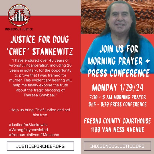 Please join the #JusticeForChief press conference Monday Jan 29 in Fresno for 2nd week of critical @Justiceforchief evidentiary hearing

#INDIGENOUSJUSTICE #RacialJustice #Justice #EndTheDeathPenalty #DropLWOP

 justiceforchief.org  indigenousjustice.org
@fresnospotlight