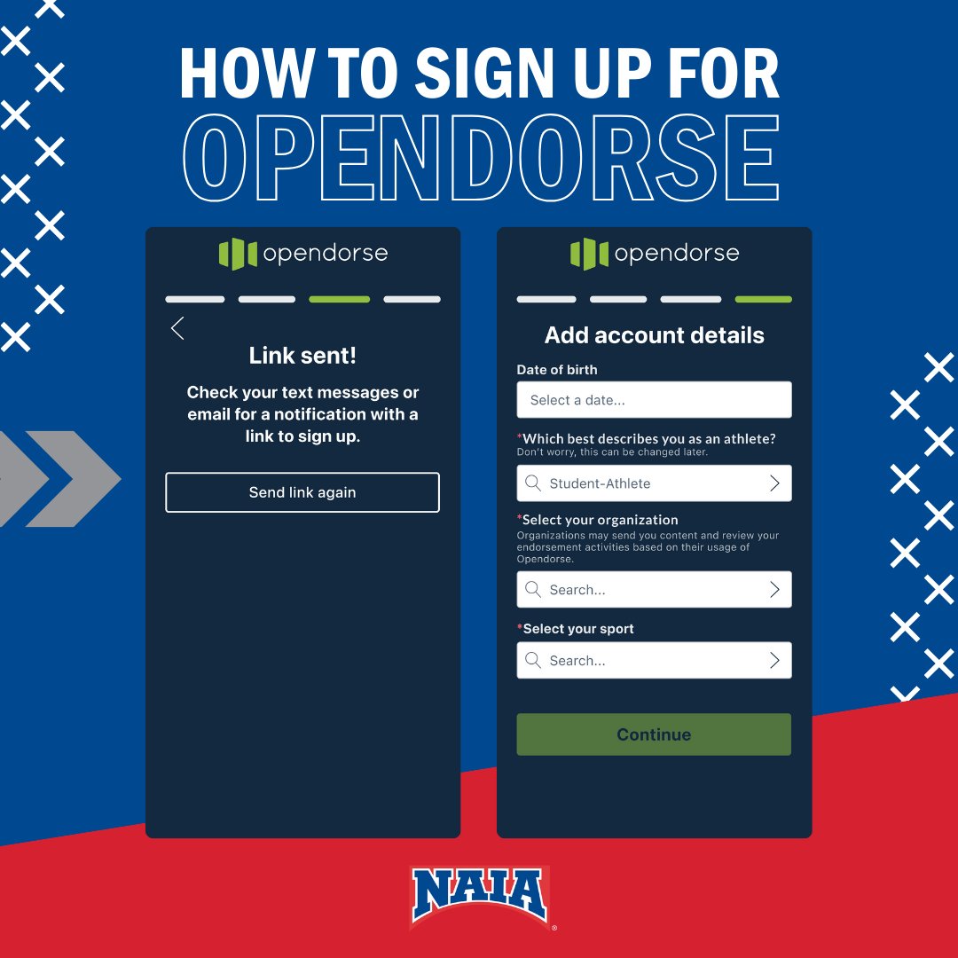 If you want to start your #NIL journey, signing up for <a href="/opendorse/">Opendorse</a> is the first step! 
Download the app, sign up as an athlete, complete your info, verify the link, &amp; add account details. You're ready to make deals! 

More about NIL: bit.ly/3KWVEXE

#HigherEd #PlayNAIA