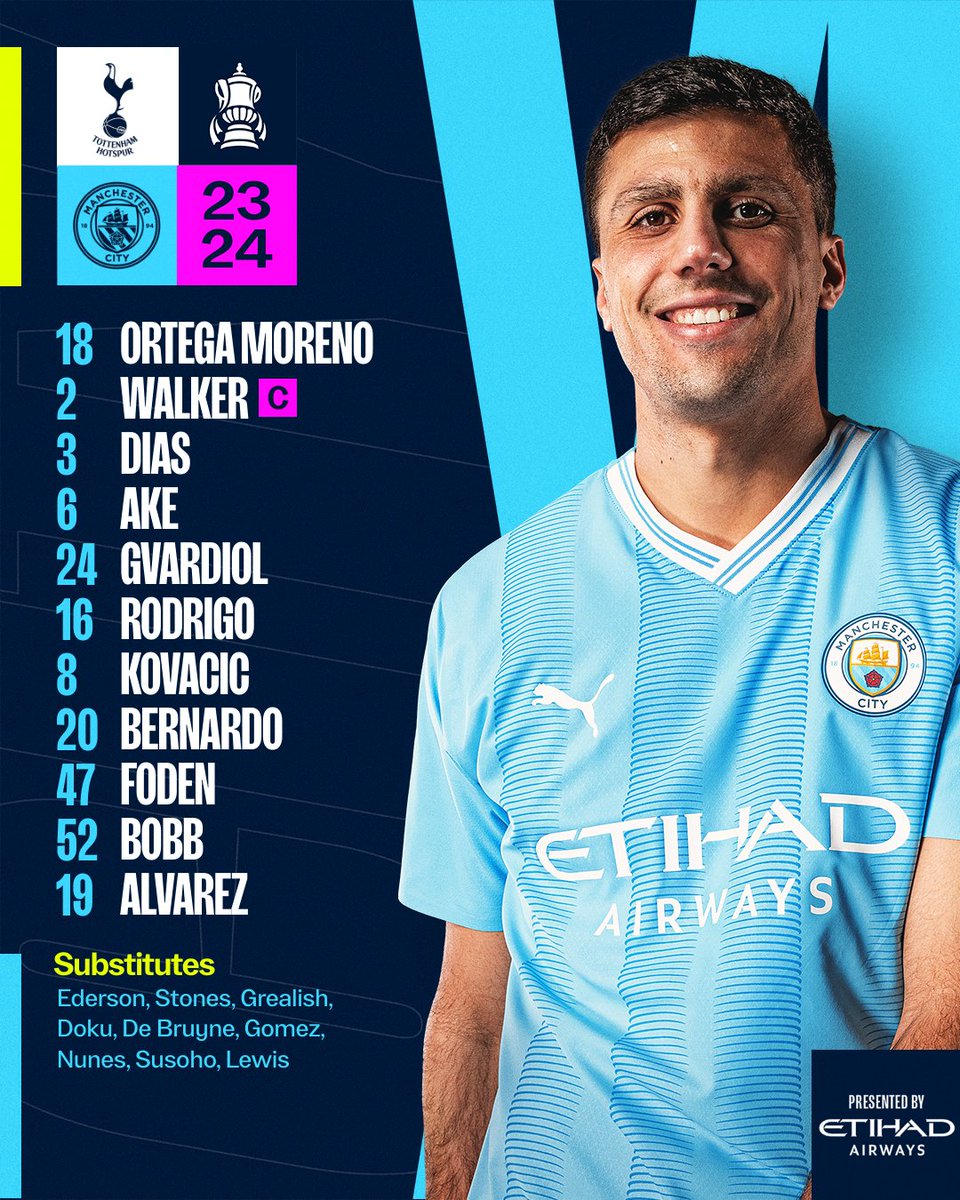 ManCity's tweet photo. Your City side to face Spurs 🩵

XI | Ortega Moreno, Walker (C), Dias, Ake, Gvardiol, Rodrigo, Kovacic, Bernardo, Foden, Bobb, Alvarez

SUBS | Ederson, Stones, Grealish, Doku, De Bruyne, Gomez, Nunes, Susoho, Lewis

#ManCity | @etihad https://t.co/nqczBaPkJC