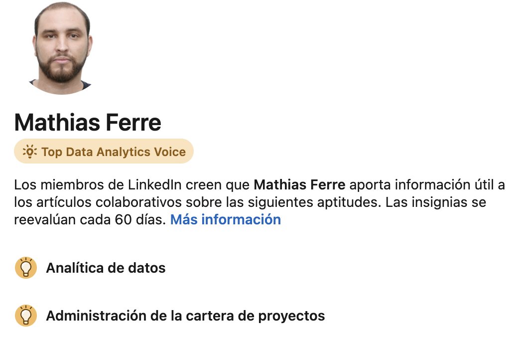 Gracias a quienes han considerado relevantes mis contribuciones a diferentes temáticas y que me han permitido ser hashtag #TOPVOICE de #Linkedin en  #DataAnalytics y  #ProjectPorfolioManagment
Un gusto formar parte de esta comunidad y trabajar en conjunto
linkedin.com/in/mathiasferr…