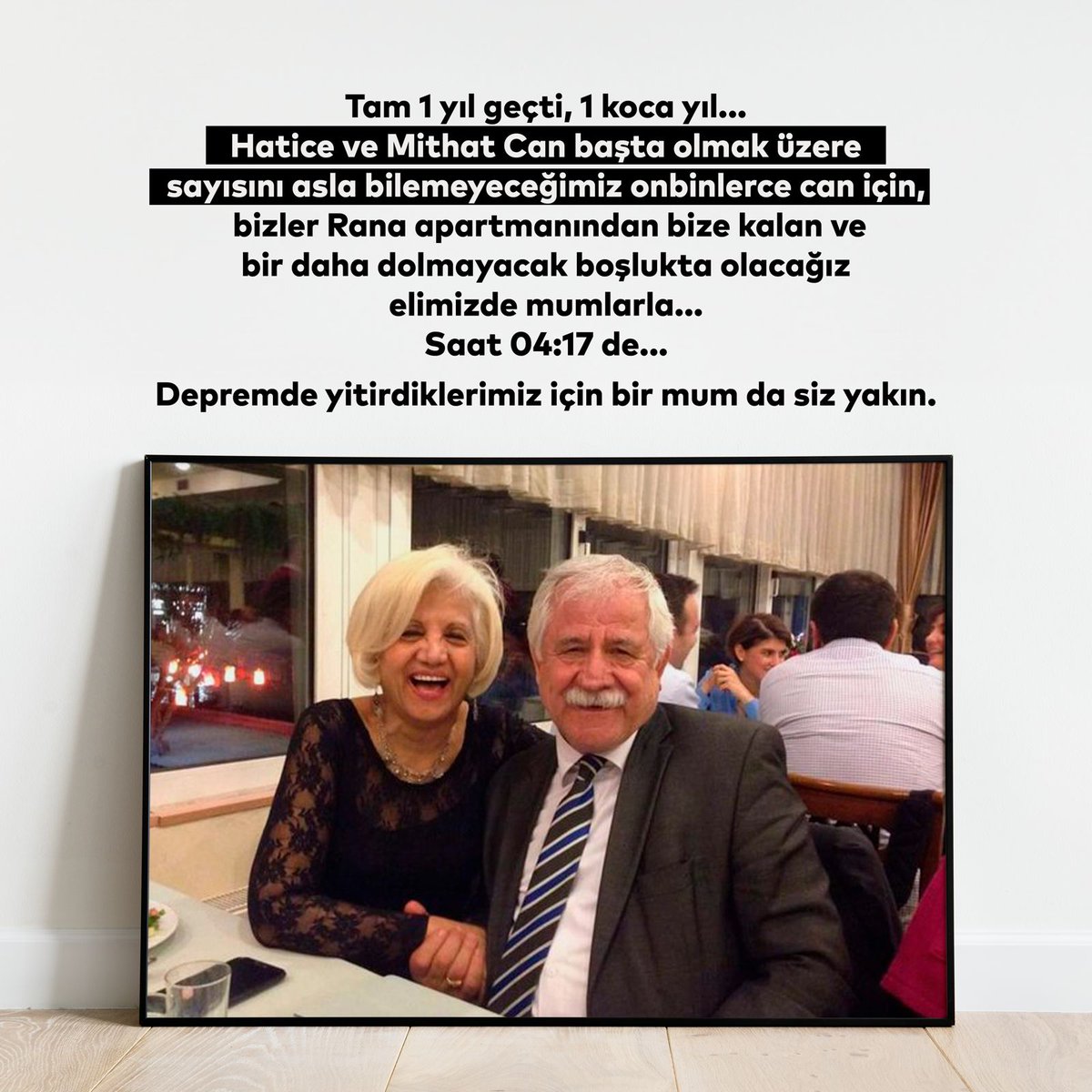 AvErenCan's tweet image. Depremde kaybettiğimiz canlarımız için,
annem ve babam için,
6 Şubat 04:17’de Antakya'da Rana Apartmanının olması gereken yerde karanfil ve mumlarımızla olacağız.
Depremde yitirdiklerimiz için bir mum da siz yakın.