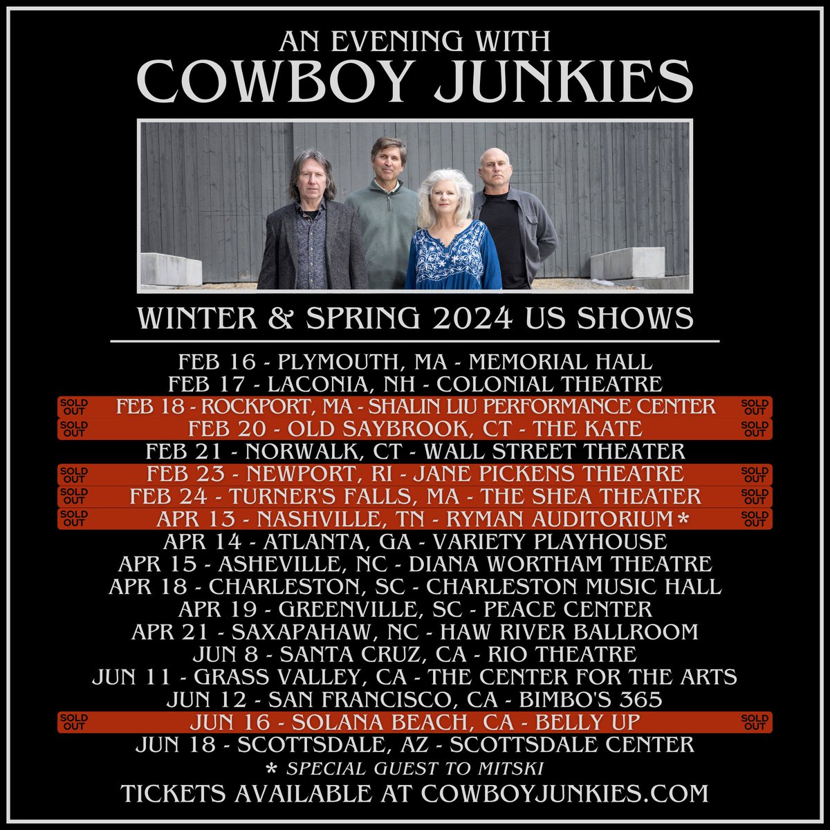 Spring shows added! Tickets on sale today at cowboyjunkies.com/tour Thanks to everyone who joined our mailing list. The response to the pre-sale has been great. If you didn’t catch the pre-sale, all tickets are now available. We’re excited to see more of you soon! #cowboyjunkies