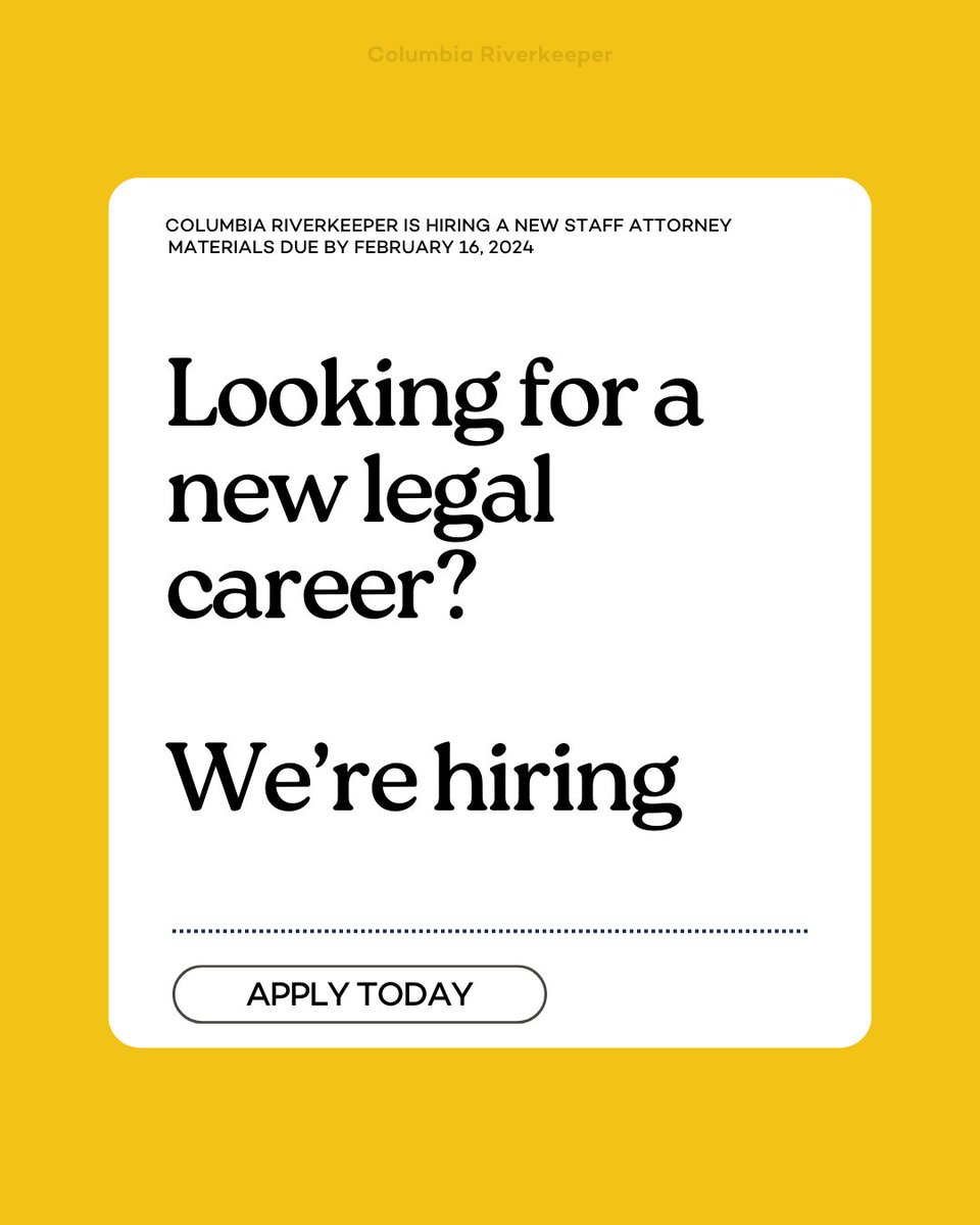 Have you been looking for a new legal career? Are you passionate about environmental and social justice? THIS is the opportunity you've been waiting for. Make an impact on the Columbia River by applying today. Due by February 16. ⭐️ detail below ↓ bit.ly/columbia-attor…