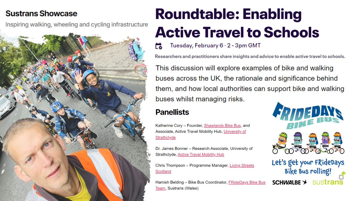 BIKE BUS: Need some inspiration to get a #BikeBus started? Join @Sustrans #Showcase roundtable event where I will be representing @fridedaysbb to discuss work we are doing to support school communities across the UK with getting a #BikeBus rolling! 🚲🎶🤩👍 #FridayWeCycle 🧵1/3