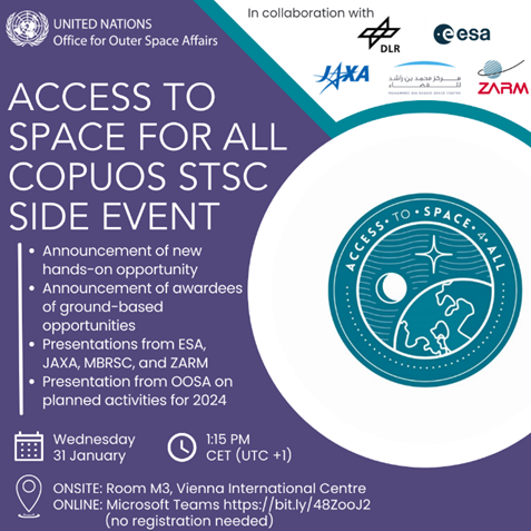 UNOOSA's tweet photo. 📢#AccSpace4All #COPUOS2024 Side Event!
 
#UNOOSA will announce...
🛰️ a new opportunity
🏆 awardees for #DropTES &amp; #HyperGES with @ZARM_de &amp; @esa
&amp; presentations from @MBRSpace Centre #PHI &amp; @JAXA_en #KiboRPC 
 
📅 31 January ⏰ 1:15PM CET
 
Details👉 https://t.co/D6ng81efNQ https://t.co/lkUaxpoZtI
