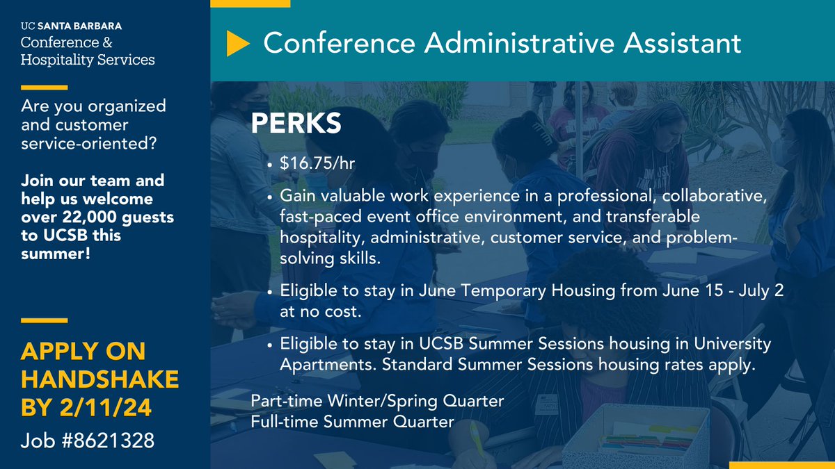📣Are you looking to gain professional work experience on campus? Conference and Hospitality Services is currently hiring! 
🔹Conference Administrative Assistant #8621328
👉Apply on handshake! Applications are open until February 11, 2024❗

#UCSB  #ucsb2025 #ucsb2026 #ucsb2027