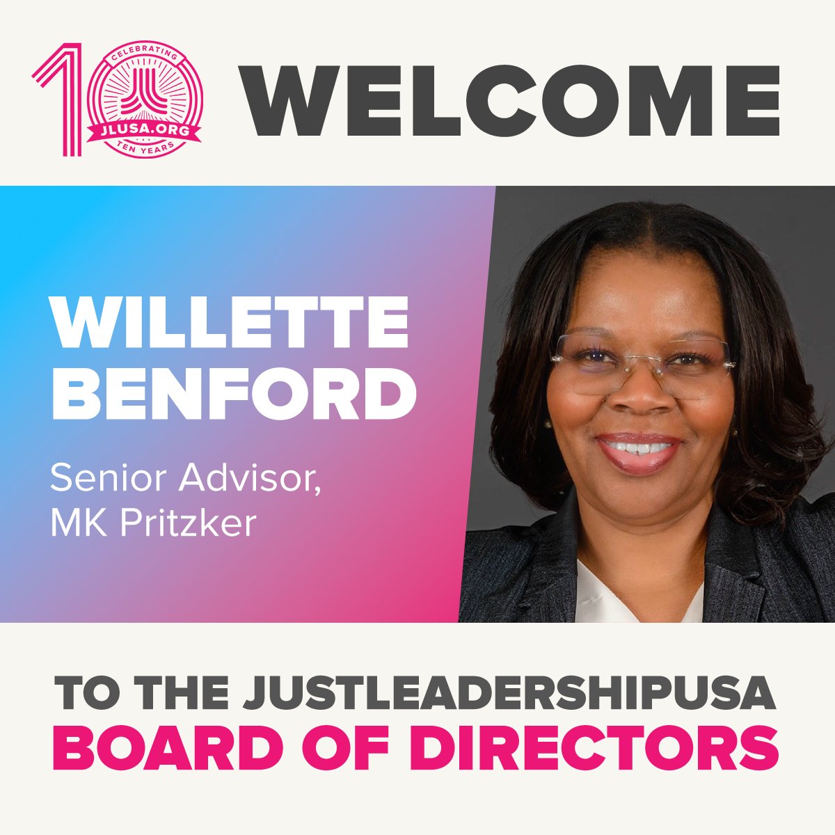We’re so excited to welcome @BenfordWillette—Senior Advisor to MK Pritzker, First Lady of Illinois—to the JustLeadershipUSA Board of Directors! Get to know Willette: jlusa.org/willettebenford #JLUSAstrong