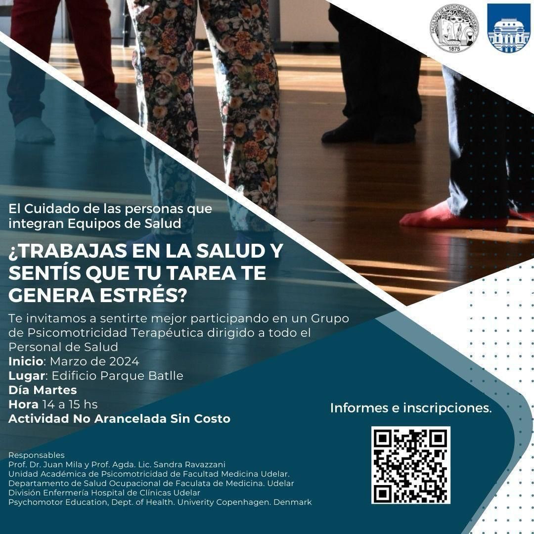 Nuevos Grupos de Terapia Psicomotriz Grupal para el Personal de Salud sometido a Estrés y Angustia Laboral <a href="/fmedoficial/">fmedoficial</a> 
<a href="/fmed_divulga/">fmed_divulga</a> <a href="/hcmquintela/">Hospital de Clínicas Dr. Manuel Quintela</a> <a href="/Udelaruy/">Universidad de la República</a> <a href="/UNIRadioUdelaR/">UNI Radio Udelar</a> 

Inscripciones 

forms.gle/ANGHJb4ippJSGF…