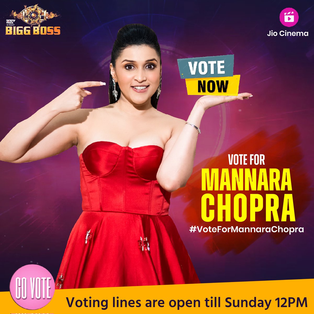 #𝗩𝗼𝘁𝗲𝗙𝗼𝗿𝗠𝗮𝗻𝗻𝗮𝗿𝗮𝗖𝗵𝗼𝗽𝗿𝗮 ur Punjabi kudi needs your support to win the BB 🏆

Download Jio app and vote for me, hurry up 🚀 Voting lines are open till 12PM, Sunday

Thanks for being my rock-solid supporters 😇🤘

#voteforme #bb #bb17 #mannarachopra   #biggboss17
