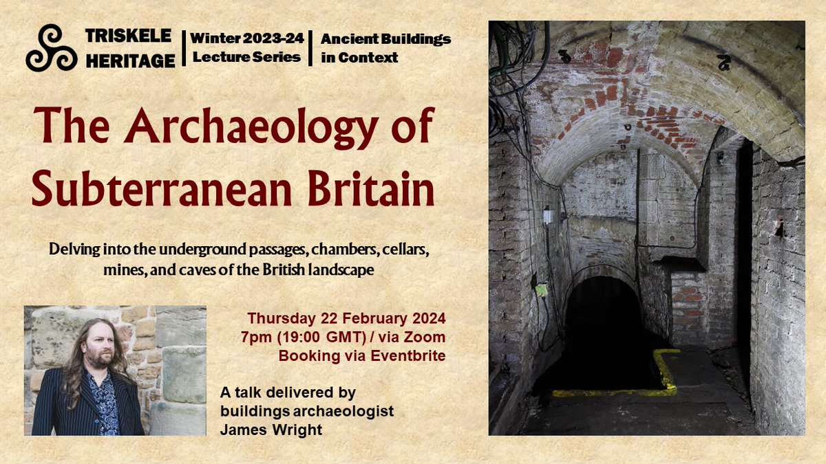 The next Triskele Heritage online talk will be the first to delve beneath the ground for a look at The Archaeology of Subterranean Britain - passages, chambers, cellars, mines &amp; caves... and more!

We'll be going live at 7pmGMT on 22 Feb, booking is open:
eventbrite.co.uk/e/the-archaeol…