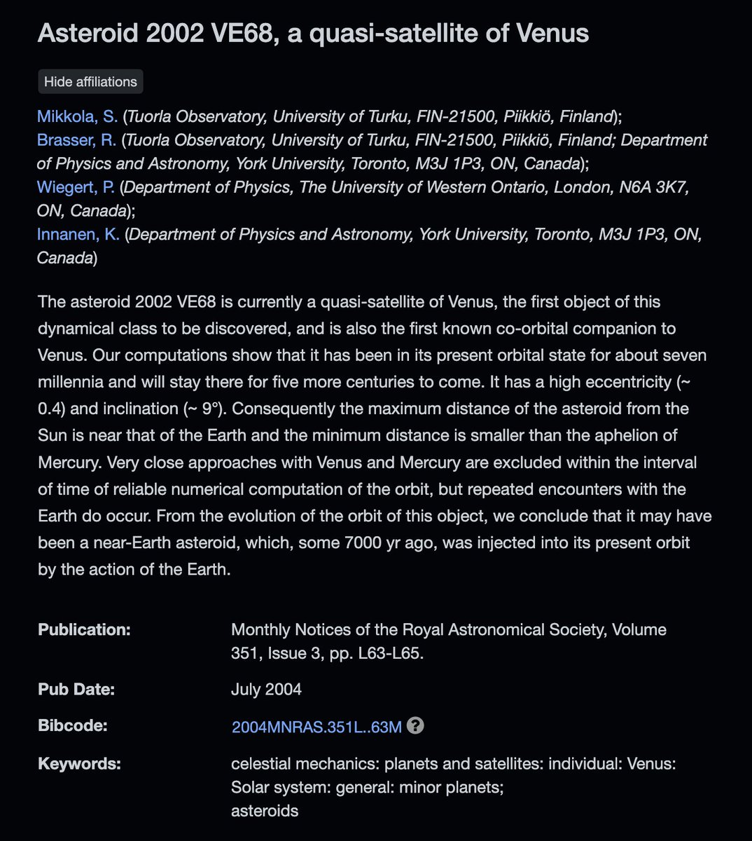 A paper description titled "Asteroid 2002 VE68, a quasi-satellite of Venus" by Mikkola, S, Brasser, R, Wiegert, P, and Innanen, K.