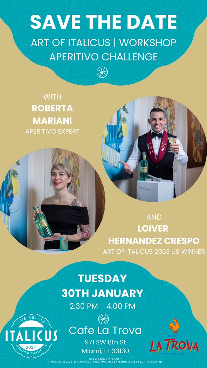 #USA for Art of #ITALICUS On Tour - Coast to Coast! ⁠ Come join us for an #Aperitivo ⁠ First stop #MIAMI - 30th Jan with Loiver Hernandez Crespo at cafe La Trova Miami. ⁠ * Workshop at 2:30pm - 4pm⁠ * #AperitivoHour to follow until 7pm⁠ Follow us for more.. salute!