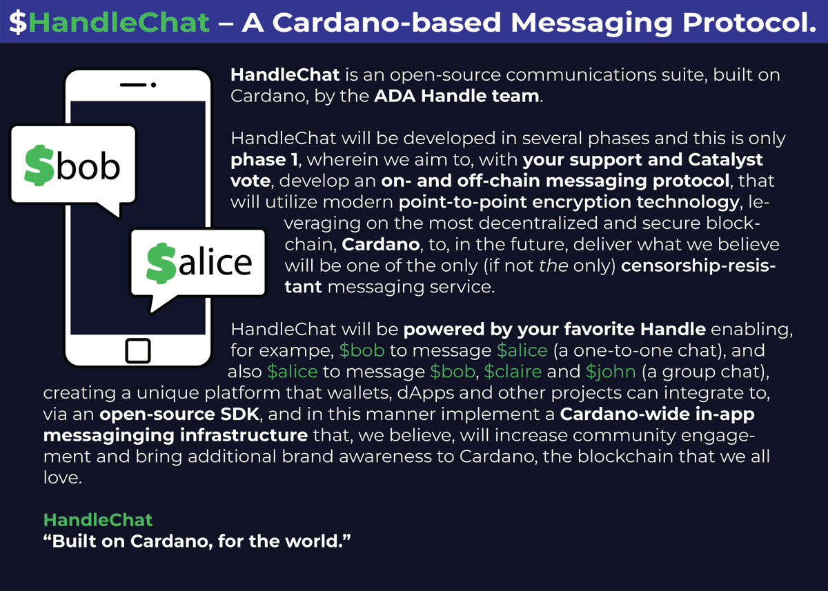 adahandle's tweet image. Fund 11 is already upon us! 😱

Please consider our proposal for HandleChat - a Cardano-based communications protocol for people and applications!

Link below: ⬇️

cardano.ideascale.com/c/idea/112373