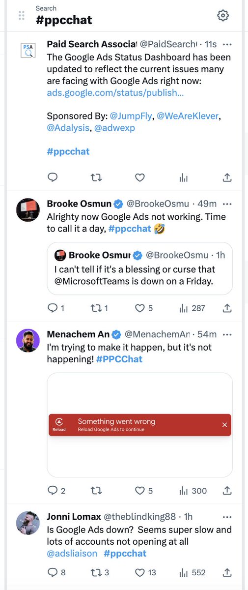 PPCKirk's tweet photo. It's not just you. #GoogleAdsDown #ppcchat https://t.co/bFhE1VTxQP