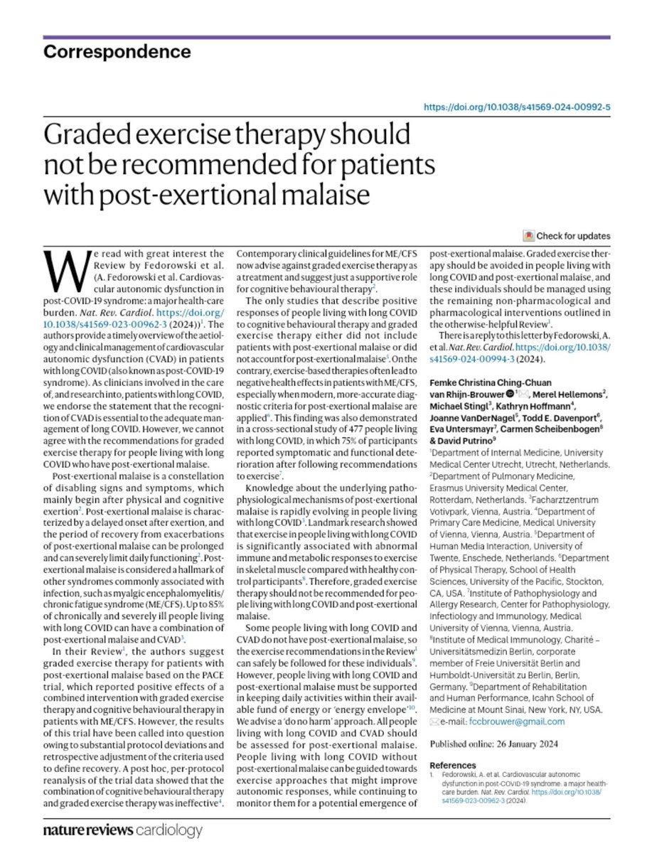 Graded exercise therapy should NOT be recommended for patients with post-exertional malaise

#LongCovid #ME

Let's hope this leads to some serious change in prejudice, treatment, and attitude towards patients.

nature.com/articles/s4156…