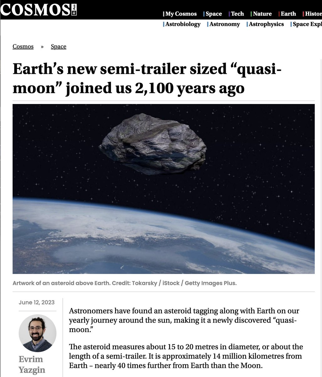 Cosmos.com headline: Earth's New Semi-Trailer Sized "Quasi-Moon" Joined us 2,100 years ago.