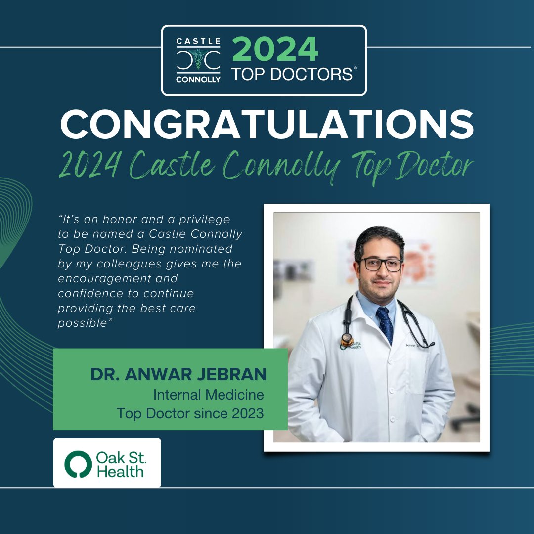 Congratulations to Dr. Anwar Jebran for being recognized as a 2024 Castle Connolly Top Doctor! @Anwarjebran serves as an internal medicine and clinical informatics doctor at @OakStreetHealth in Bronzeville, Illinois. Learn more: castleconnolly.com/16-oak-street-…