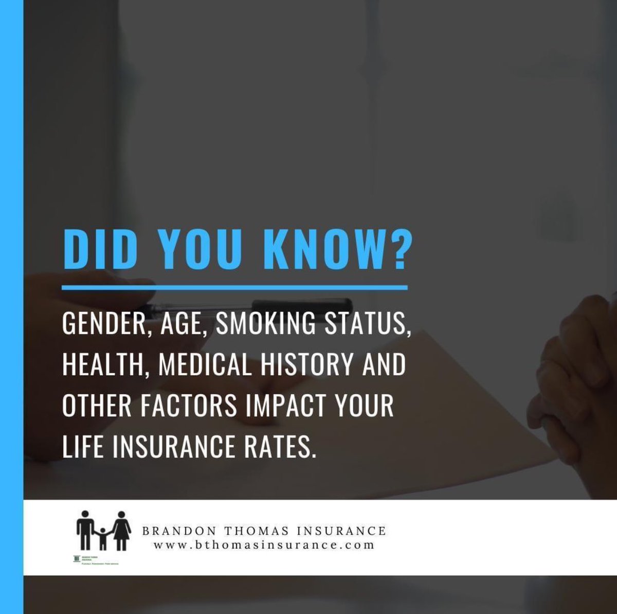 BTInsuranceLLC's tweet photo. #DidYouKnow: Gender, age, smoking status, health, medical history and other factors impact your life insurance rates. https://t.co/4XkLdeNIEA