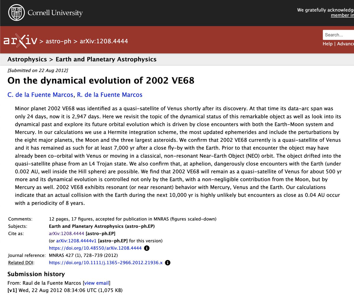 Paper titled "On the Dynamical Evolution of 2002 VE 68" by C. and R. de la Fuente Marcos