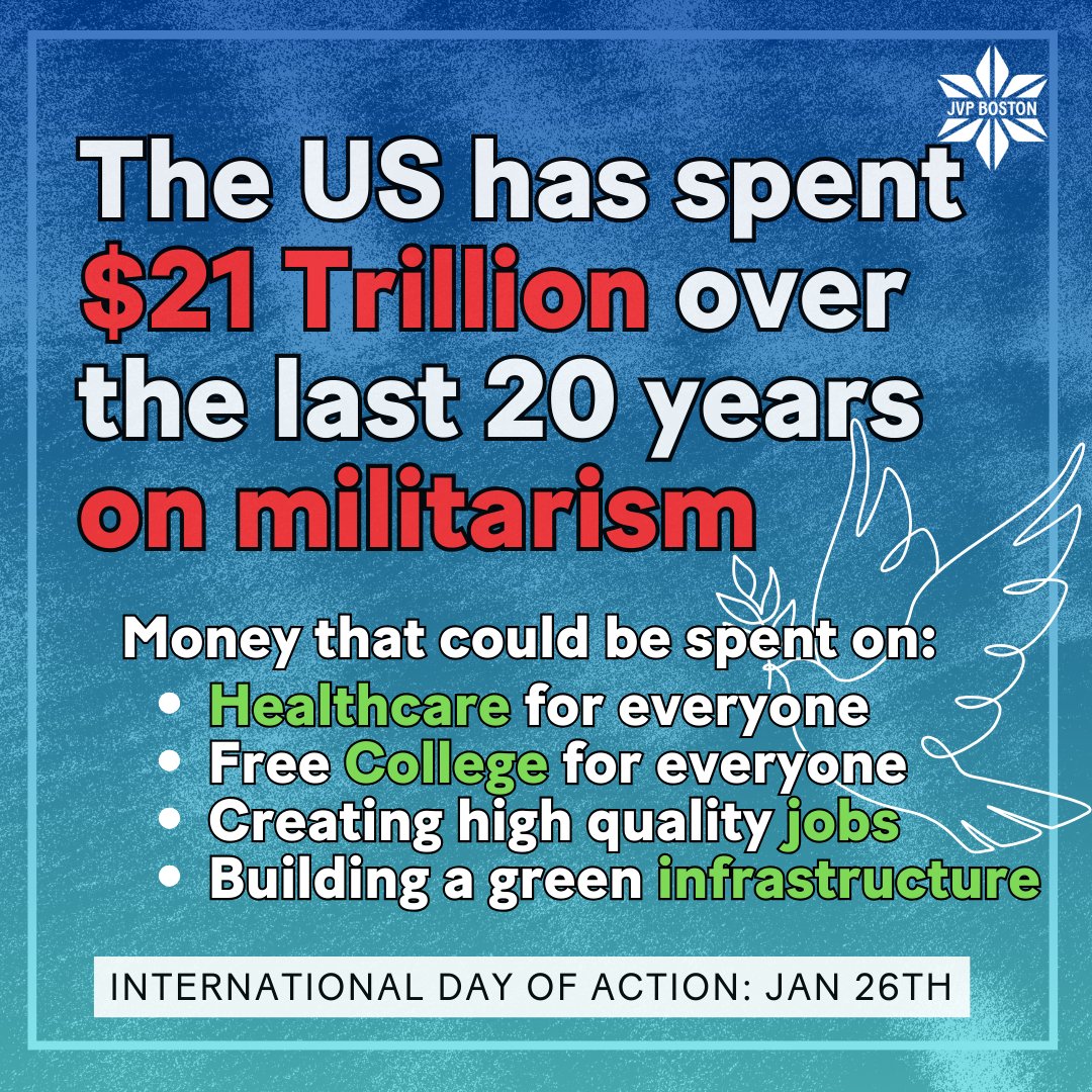 JVPBoston's tweet image. We will not support our taxpayer dollars to fund war at home or abroad. Fund people’s needs, not genocide, weapons, and war! #endthegenocide #divestfrommilitarism #investinlife #ceasefirenow #nomoreaidtoIsrael