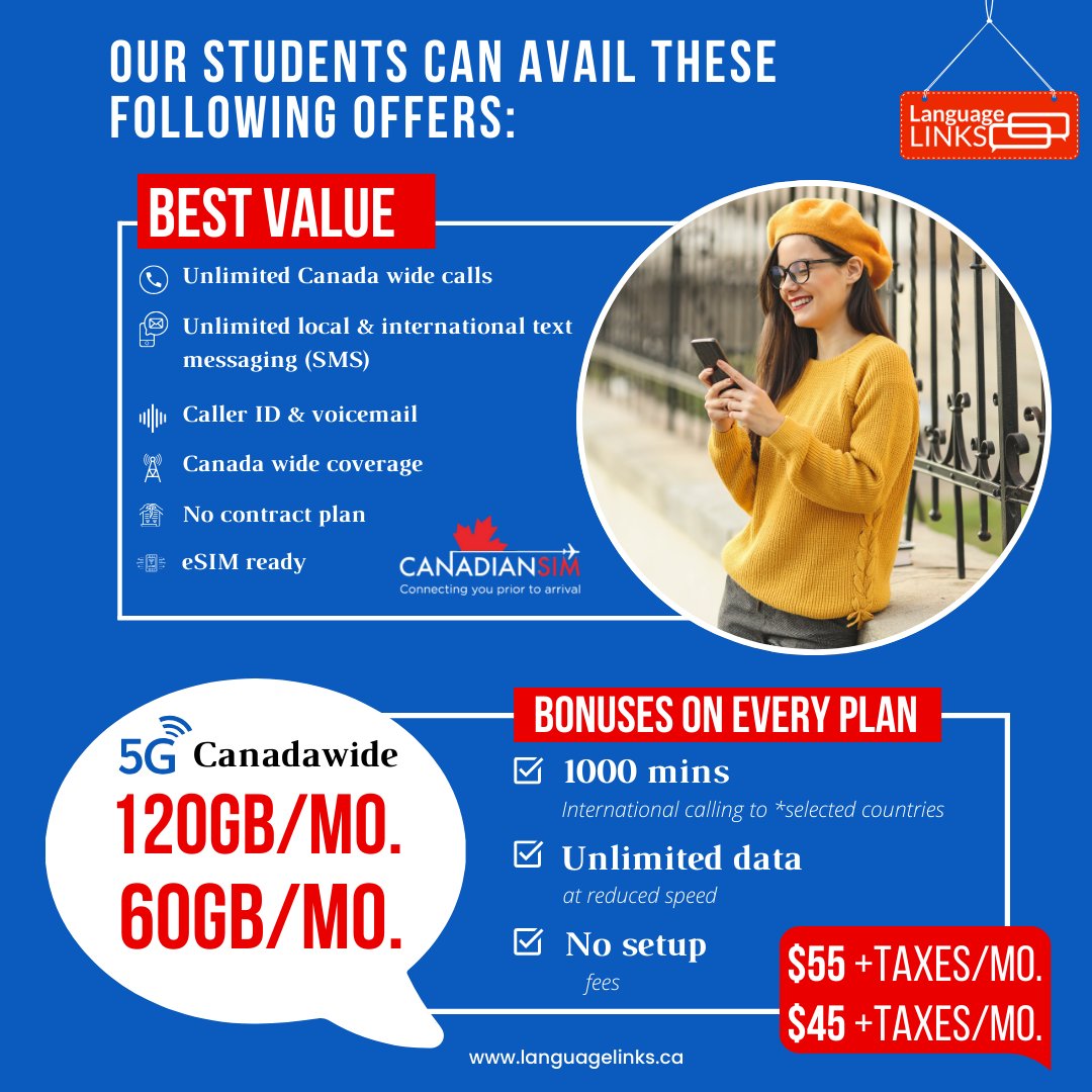 Our students can now enjoy unbeatable offers with CanadianSim Best Value plan: Unlimited Canada-wide calls, international texting, caller ID, voicemail, and more!

🌐 canadiansim.com/langlinks

#SettleInCanada #NewCanadians #CanadianLife #ExploreCanada #LanguageLinks