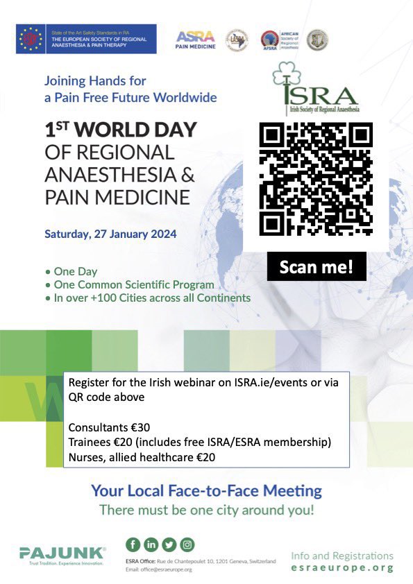 ISRA is hosting #WDRAPM online with some great Irish presenters tomorrow - 27th Jan. Registration will secure NCHDs a place on the webinar, and free ISRA and ESRA membership for 2024! Sign up before 8am tomorrow morning! buytickets.at/irishsocietyof… @AnaesTrainees @ESRA_trainees