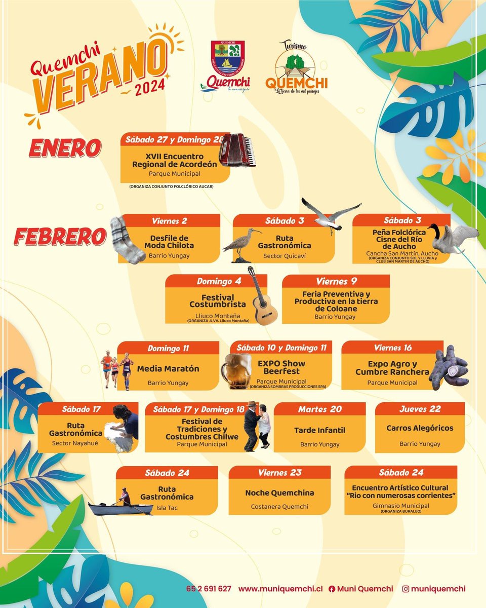 📣Ya se va enero pero siguen las actividaes del #verano2024 ⛱ en #Quemchi con un febrero cargado de música 🪗, deportes 🏃‍♂️, gastronomía 🥘, viajes ⛴, cultura 🎭y entretención 🎉
Tus #vacaciones2024 vívelas y disfrútalas en #Quemchi #Chiloé #QuemchiTuMunicipio