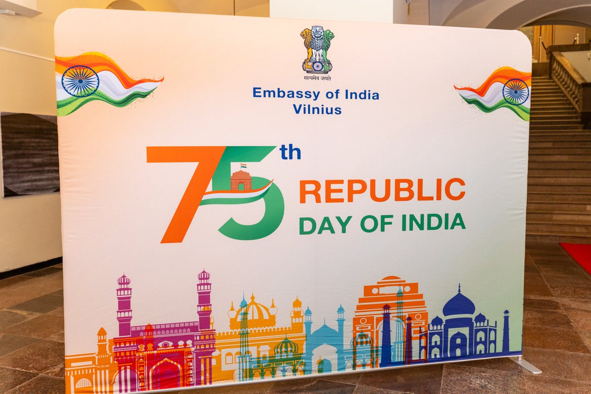 IndEmbVilnius's tweet photo. 🇮🇳✨Celebrating 75th Republic Day of India with pride &amp; joy in Lithuania! Indian Embassy is honored to mark this momentous occasion, highlighting strong bonds b/w our nations. Celebrations of shared values, friendship, &amp; a future of continued collaboration. #HappyRepublicDay2024 https://t.co/HOplopGBC3