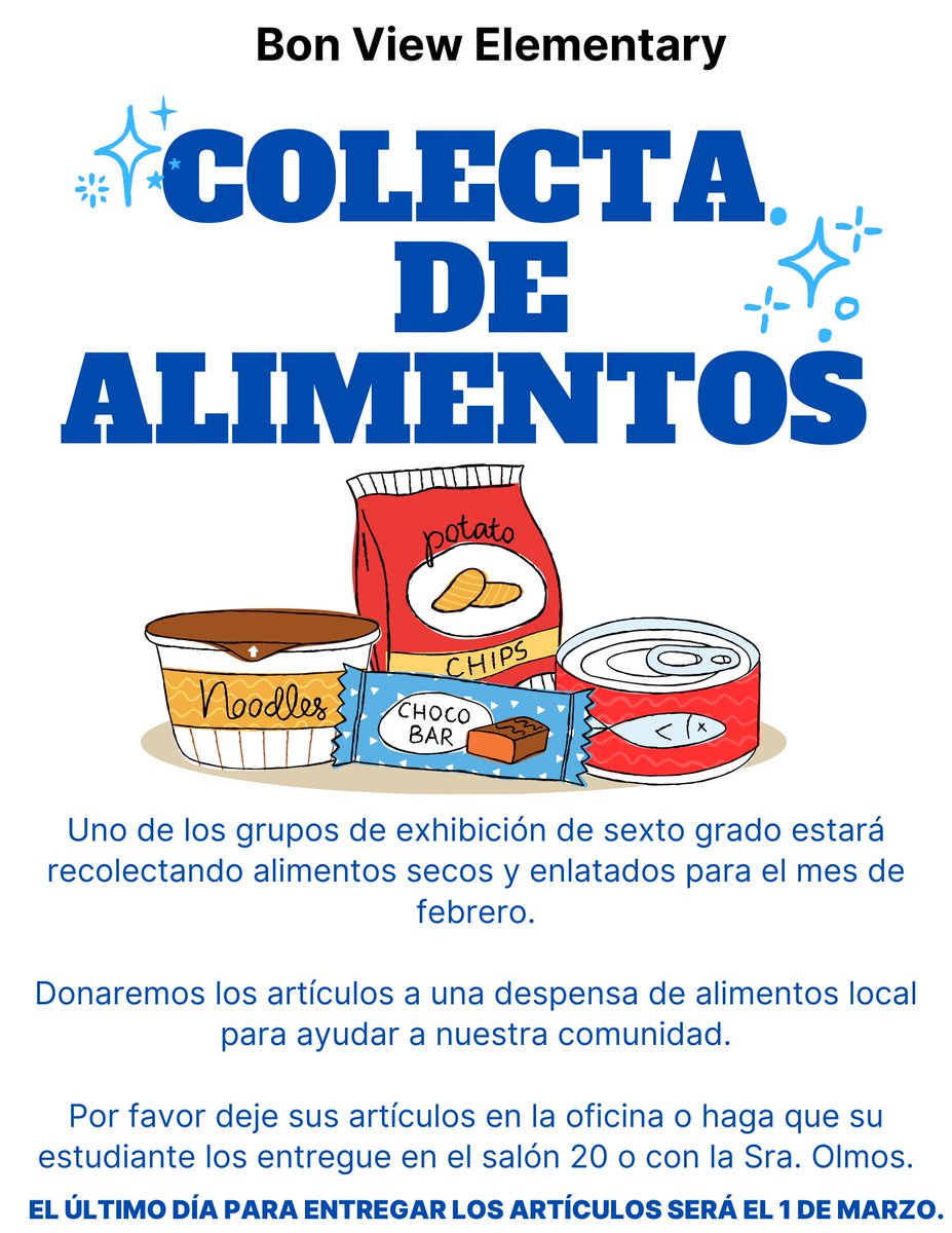 Help our 6th grade IB exhibition group collect food to donate to a local food pantry for those in need! Swing by and help us out! #gomustangs