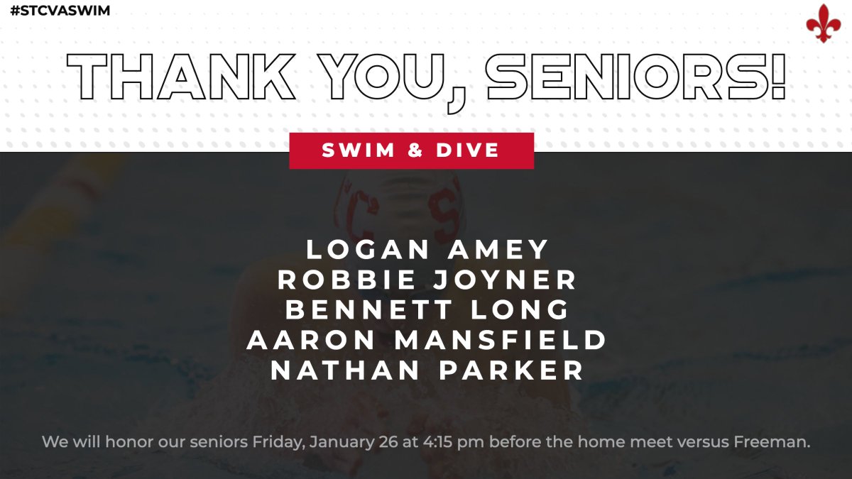 Swim &amp; Dive Senior Day‼️
🆚 Douglas Freeman
🥳 4:15 pm - Senior Day
🕟 4:30 pm - Racing Begins
📍 St. Catherine's Pool
#StCVASwim