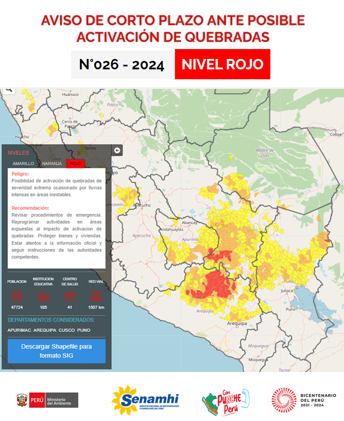 Localidades de Arequipa, Apurímac, Cusco y Puno presentan umbral rojo de peligro ante posible activación de quebradas. Recuerda evita realizar cualquier actividad cerca de las quebradas