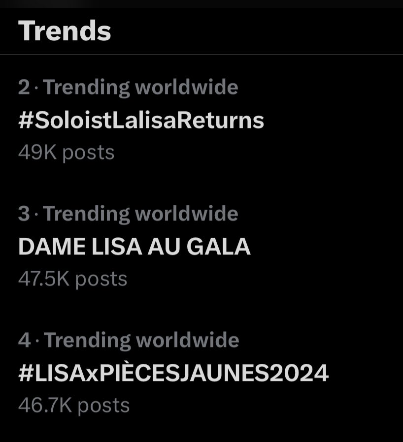 LISANATIONS_'s tweet photo. Almost at the very top! All 3 tags are trending #2-4 worldwide! Thank you all for hyping our girl up, what time is it for you? 👀

 DAME LISA AU GALA
#LISAxPIÈCESJAUNES2024
#SoloistLalisaReturns https://t.co/tDY2sKW6rQ