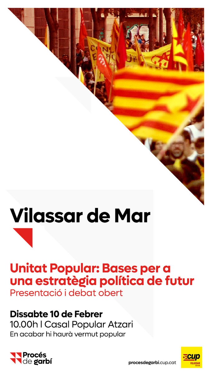 [Acte] Presentació i debat obert del Procés de Garbí a Vilassar de Mar: "Unitat Popular: Bases per a una estratègia de futur".

📅 Dissabte 10 de febrer 
⏱️ 10 hores
📍 Casal Popular Atzari (Passeig dels Pins s/n)